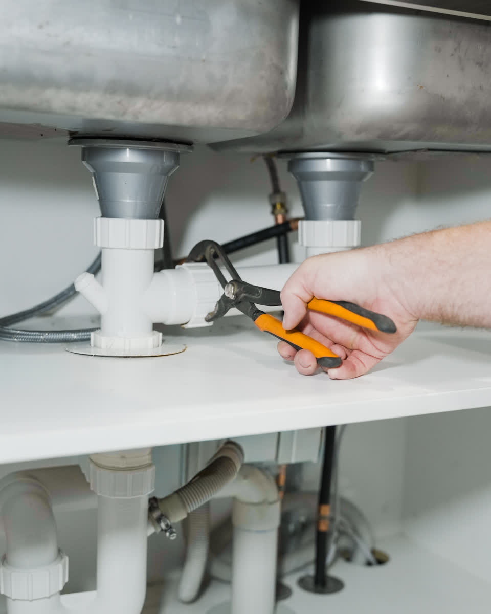 A plumber's hands on the pipes under a sink